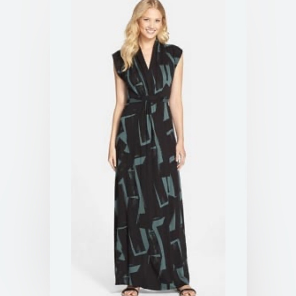 French Connection knit maxy dress tie back black abstract brushstrokes 8 M